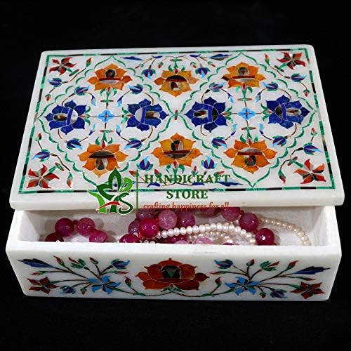El sanatları Mağazası 7 X 5 İnç Dikdörtgen Şekli Beyaz Mermer Mücevher Kutusu Kakma Çok Renkli yarı Değerli Taşlar