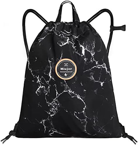İpli sırt çantası ile ıslak Cep spor salonu Dize çanta Sackpack Su dayanıklı naylon için kadın erkek Çocuk (siyah mermer, M)
