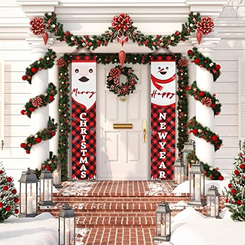 Noel Kapı Sundurma Süslemeleri, Merry Christmas Yeni Yılınız Kutlu Olsun Afiş-Kırmızı Ekose Noel Sundurma İşaretleri Duvar Dekor