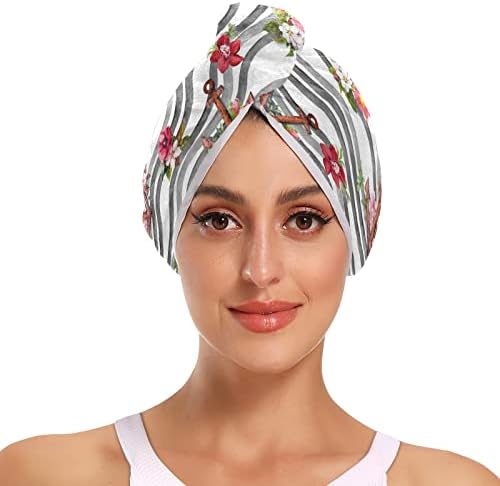 UMİRİKO 2 Paket Saç Kurutma Havlu Gemi Mızrak Çiçekler Gri Şerit Mikrofiber Saç Havlu ile Düğme, kuru Saç Şapka, banyo saç bonesi,