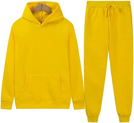 daguı erkek spor takım elbise Düz Renk Polar Kazak Hoodie Set Sarı Düz Renk M