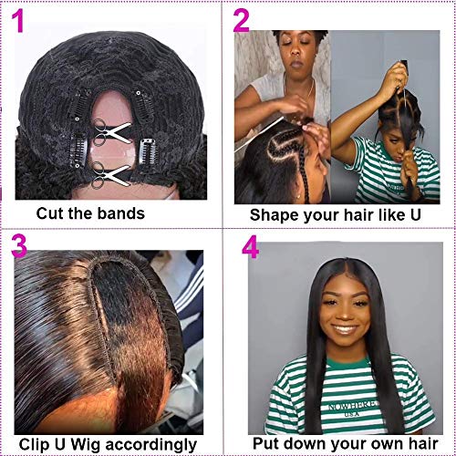 U Parçası insan saçı peruk Sapıkça Düz Peruk Siyah Kadınlar için, 24 inç İtalyan Yaki Düz Yarım Peruk 2x4 U Şekli Klip Peruk