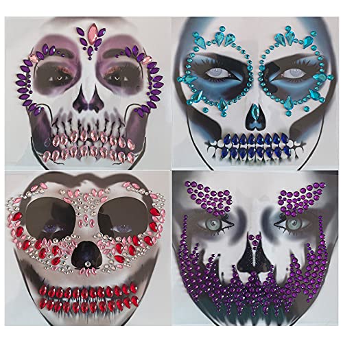 4 Adet Cadılar Bayramı Yüz Geçici Çıkartmalar Ölü Şeker Kafatası Taşlar Jewels Kadınlar Rhinestone Masquerade Yüz Dövme Kristal