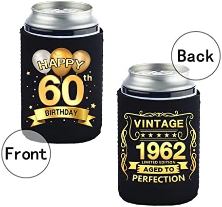 Greatingreat 60th Doğum Günü Can Soğutucu Kollu Paketi 12-60 Yıldönümü Süslemeleri-Vintage 1962-60th Doğum Günü Parti Malzemeleri-Siyah