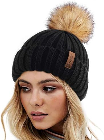 FURTALK Bayan Kış Örme Bere Şapka ile Faux Kürk Pom Sıcak Örgü Kafatası Kap Bere Kadınlar için