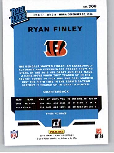 2019 Donruss Basın Geçirmez Mavi Futbol 306 Ryan Finley Cincinnati Bengals Resmi NFL Ticaret Kartı Panini Amerika'dan