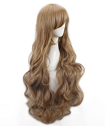 Fwhwj kadınlar Anime Cosplay peruk açık kahverengi uzun dalgalı kıvırcık sentetik saç peruk Noel İçin