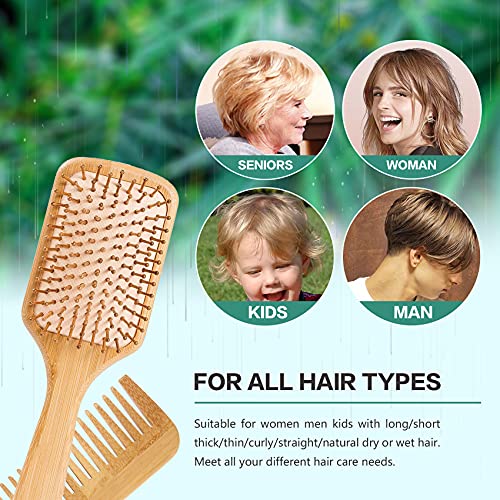 Saç Fırçası-Doğal Ahşap Bambu Detangler Kürek Fırça ve Tarak Seti Çevre Dostu Saç Fırçası Kadın Erkek ve Çocuklar için İnce Uzun