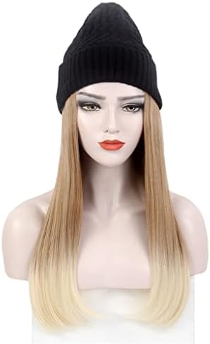 SPNEC LQGSYT Moda Bayanlar Saç Şapka Bir Siyah Örme Şapka Peruk Uzun Düz Altın Degrade Şapka Peruk Bir