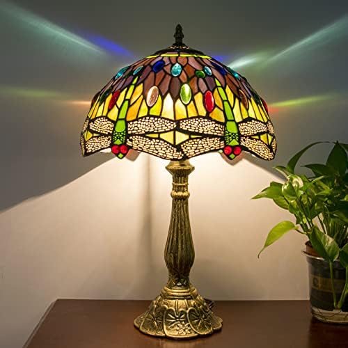 Tiffany lamba masa lambası W12H18 İnç Boyunda Mor yeşil Vitray yusufçuk tarzı gölge antika Taban masası okuma ışık salon yatak