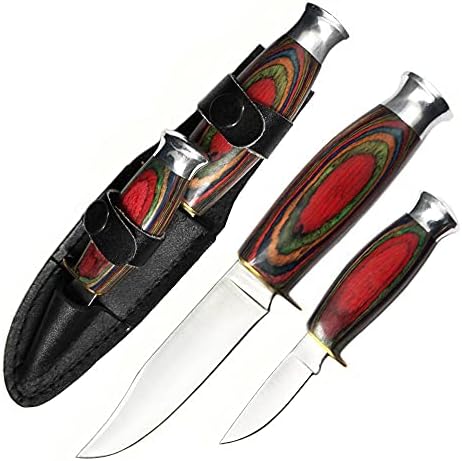 Iki Parçalı av bıçağı Seti 8.5 ve 5.75 Çok Renkli Pakka Ahşap Saplı Deri Kılıf