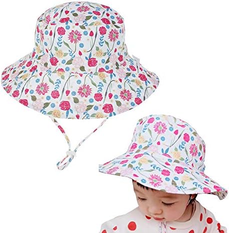 JİAHANG Bebek Kız Güneş Şapka SPF 50 + Çiçekler Baskı Geniş Ağız Kova Şapka Plaj Kap Çocuklar için Toddlers Çocuk (Renk Redflower,