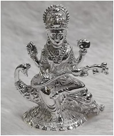 Saraswati Idol Saf 925 Gümüş / Sarasvati MATA Heykeli Gümüş Hindu Din Tanrıça Idol Heykel Heykeli (425 Gram)