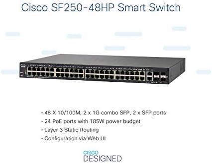 Cisco SF250-48HP Akıllı Anahtar, 48 Hızlı Ethernet Bağlantı Noktası artı 195W PoE ve 4 Gigabit Ethernet (GbE) Bağlantı Noktası,