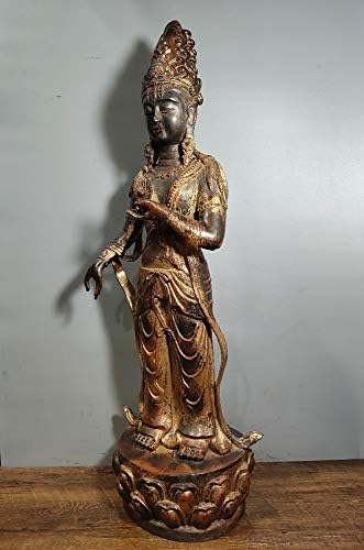 32 Tibet Budizm Tapınağı Eski Bronz Cinnabars Guanyin Güney Denizi Ayakta Buda Bodhisattva Heykeli Lotus Teras Enshrine Buda