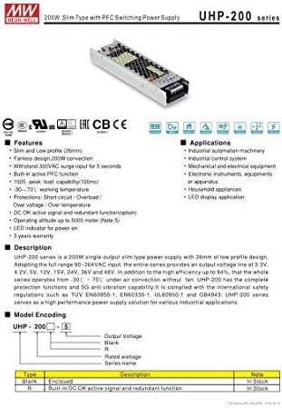 Meanwell UHP-200R-36 36V 5.6 A LED PFC Anahtarlama Güç Kaynağı ile 201W İnce Tip