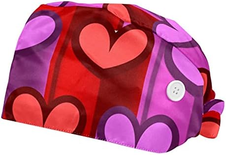 HUİ JİN DÜKKANI Mor Kırmızı Kalp Aşk Desen 2 Parça ile Çalışma Kap Düğme Baskılı Bouffant Türban Kap Ayarlanabilir Bouffant Saç